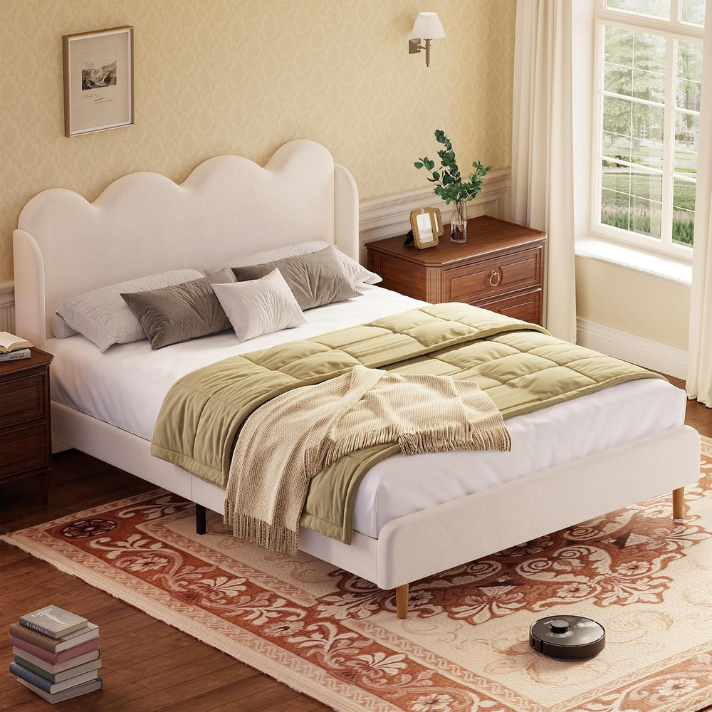 Garvee Chenille Upholstered Queen Bed Frame, Wingback Design, Beige