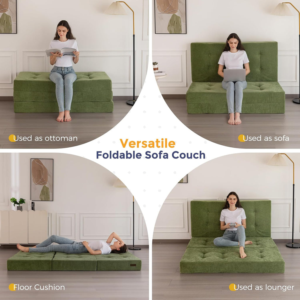 MAXYOYO 6" Folding Sofa Bed for Floor, Tufted Tri-Fold Floor Mattress | Twin Size Portable Sofa Couch Guest Mat with Chenille Fabric for Adults, Foldable Topper for Camping, Green, Twin