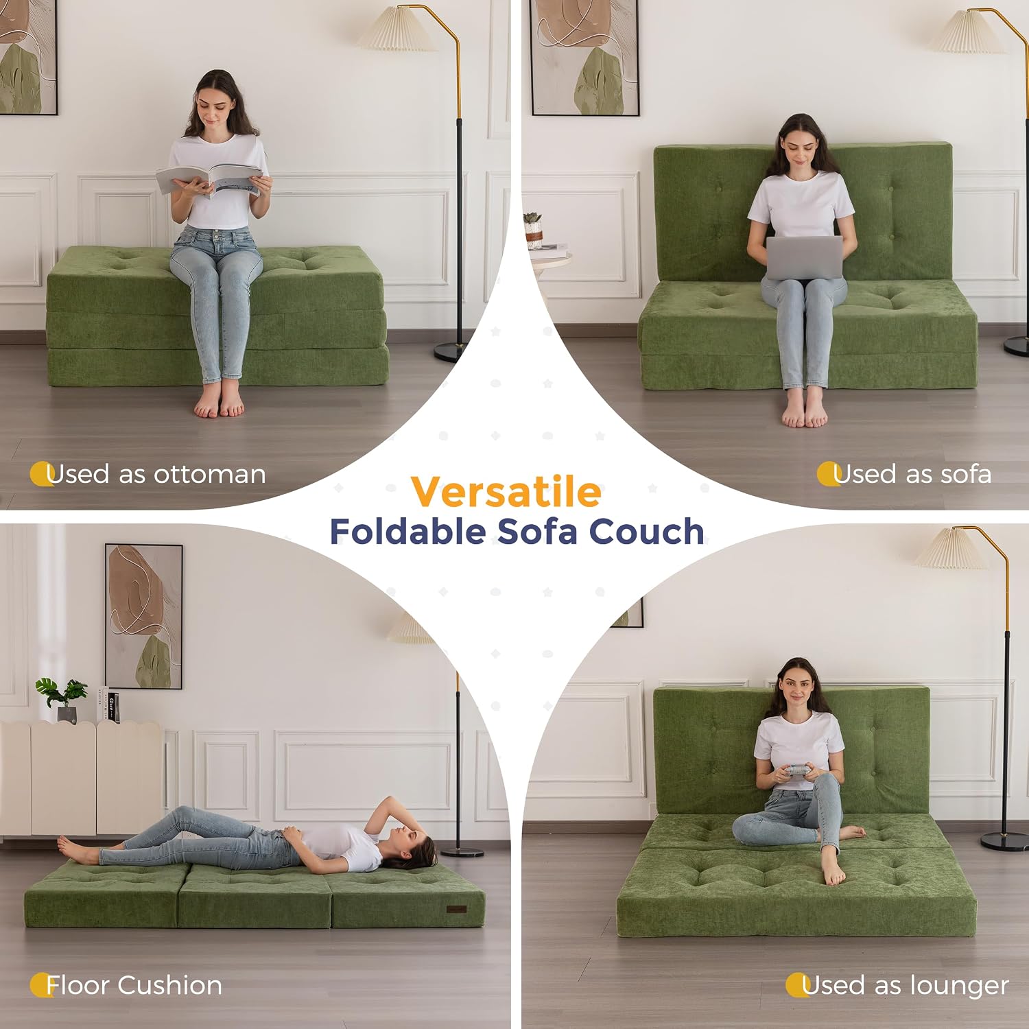 MAXYOYO 6" Folding Sofa Bed for Floor, Tufted Tri-Fold Floor Mattress | Twin Size Portable Sofa Couch Guest Mat with Chenille Fabric for Adults, Foldable Topper for Camping, Green, Twin