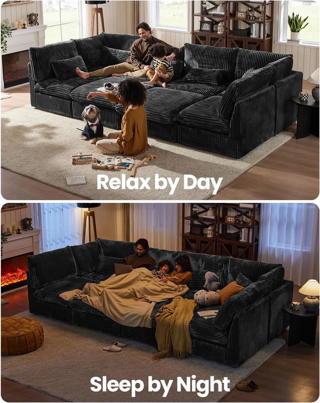 84" Oversized Corduroy Modular Sectional Sofa, Extra Deep 3-Seater Sofa Fluffy Cloud Couch with Ottoman, Sectional Sleeper Sofa for Living Room, L-Shaped, Plush Corduroy, Black