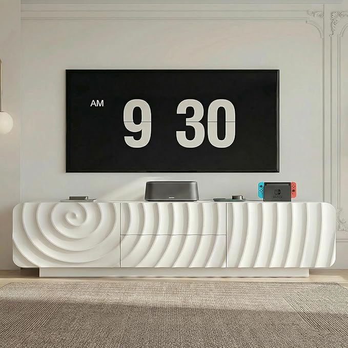58'' Modern Spiral Wave TV Stand for 65 Inch TV, Media Console with Storage Cabinet & 2 Drawers, Rounded Corner Entertainment Center for Living Room Bedroom (White)