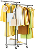 Double Rods Clothes Rack, Rolling Clothing Rack with Wheels, Metal Clothing Racks for Hanging Clothes, Portable Garment Rack Sturdy Closet Rack Trending Coat Rack for Laundry Bedroom Living Room