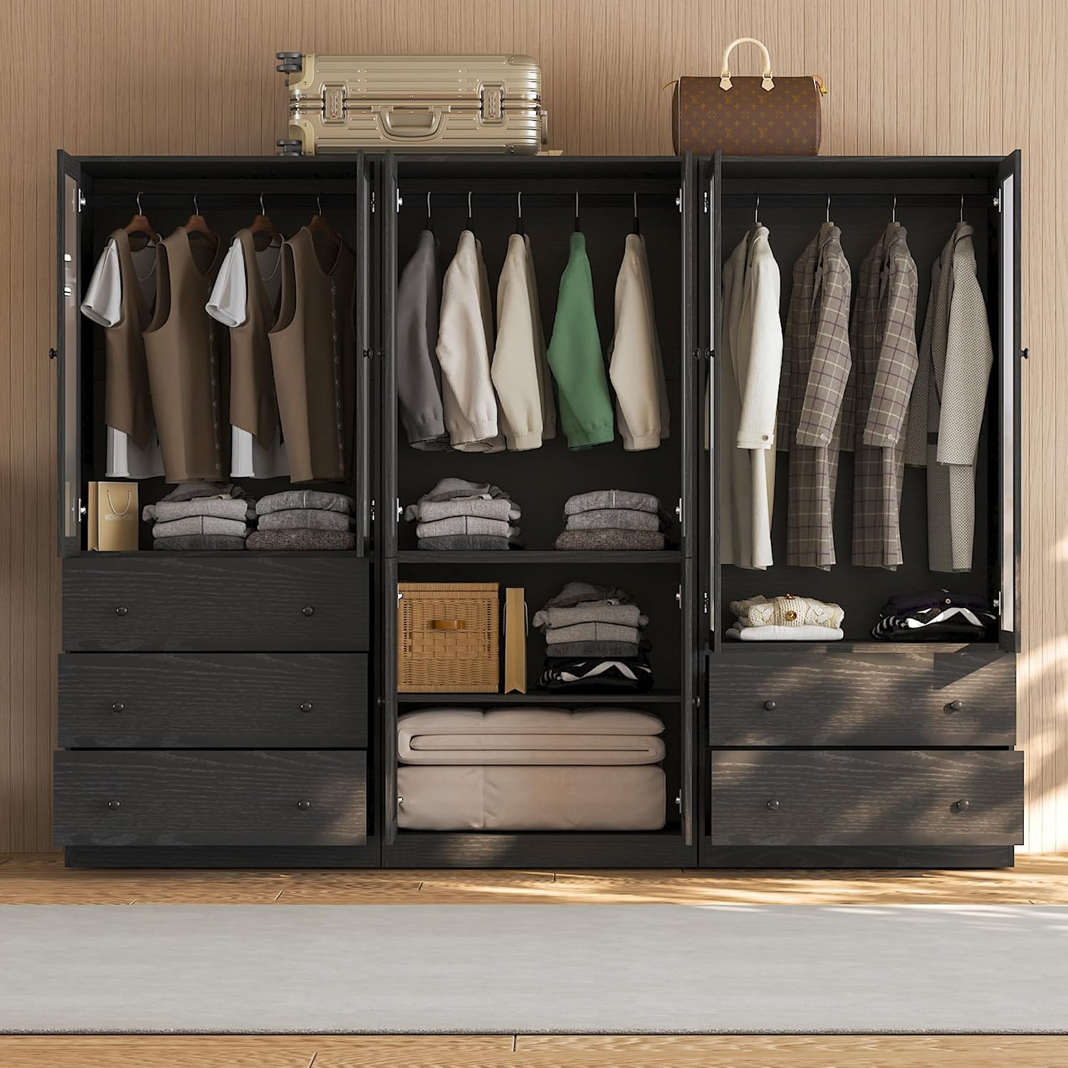 VOWNER 20“D Armoire Wardrobe Closet with Fluted Glass, 71" H Clothing Storage Cabinet with Hanging Rod, 4 Soft-Close Doors Wooden Wardrobe Cabinet for Bedroom, Large Capacity Storage Black(CCA)