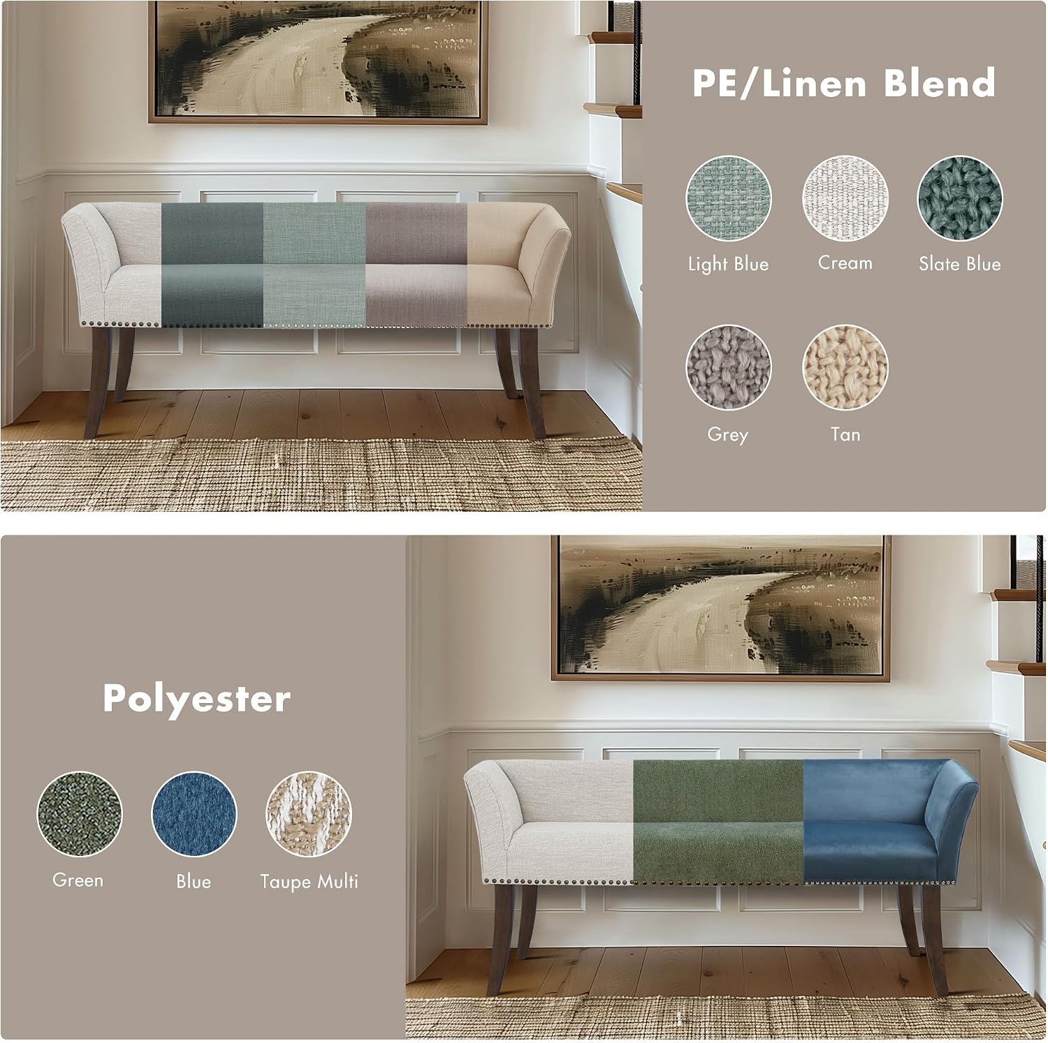 Madison Park Accent Bench for Living Room, Upholstered with Nailhead Trim, & Padded Seat Entryway Bench Small, End of Bed Bench with Back, 49.5" W x 19.25" D x 23" H, Taupe Multi