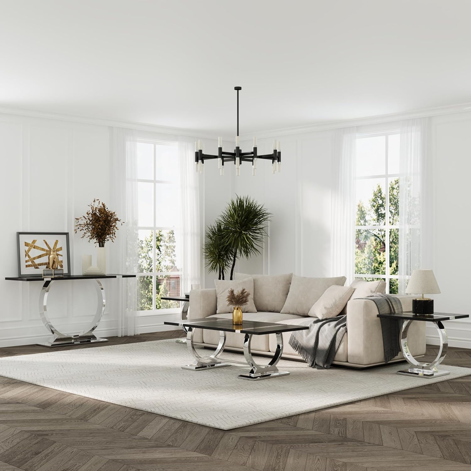 Asday Black End Table, Modern Wood Side Table, Silver End Table with U-Shaped Stainless Steel Base
