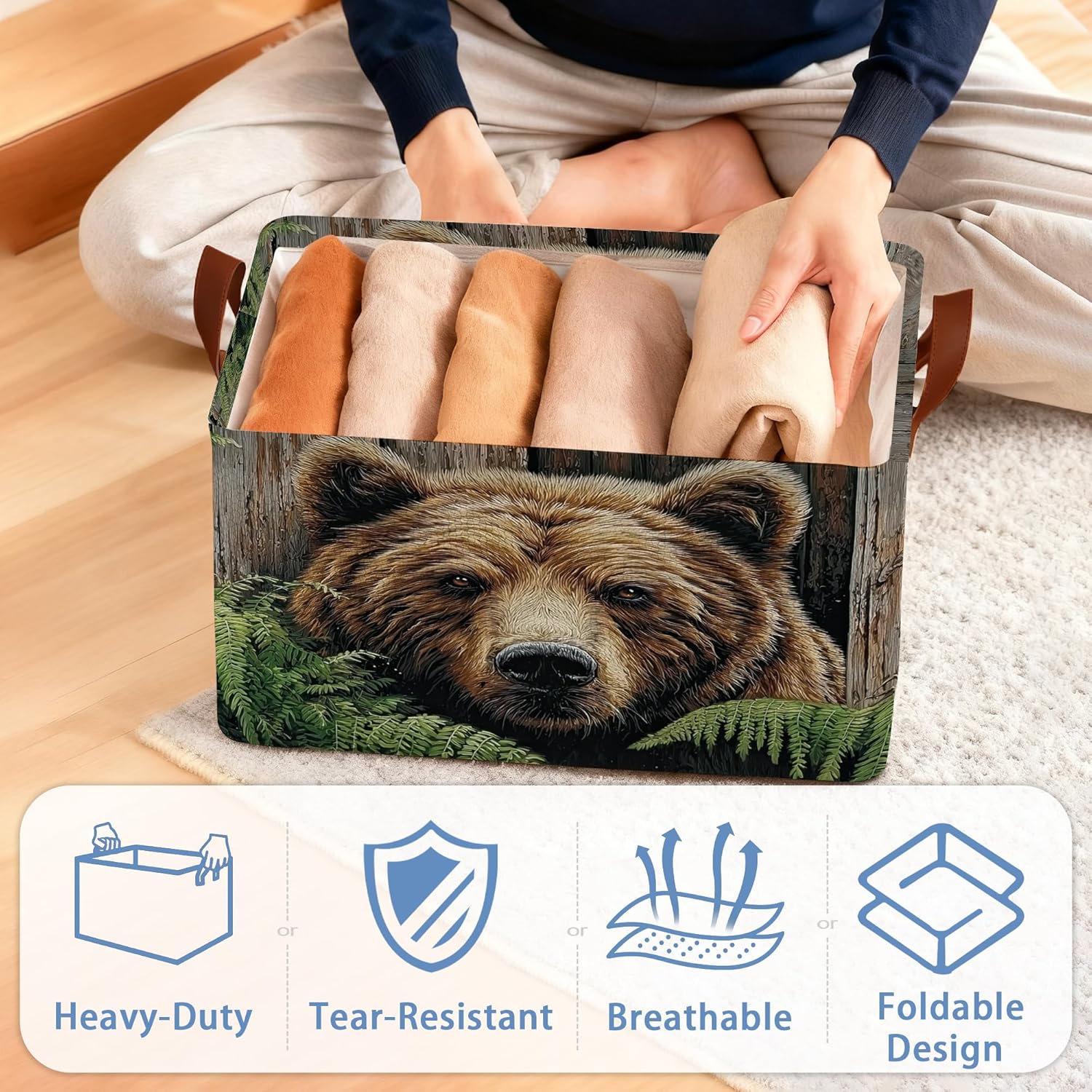 Vintage Bear Wooden Storage Baskets,Ferns Plants Foldable Large Capacity Organizer Bins with Waterproof Lining and Leather Handles for Closet, Shelf, Bedroom 17x11.5x10Inch