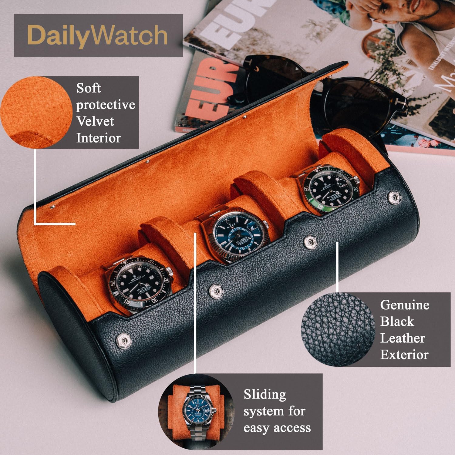 DailyWatch | Watch Roll Travel Case For 3 Watches | Luxury Watch Case In Genuine Black Leather With Soft Velvet Interior | Watch Case Protect, Store, & Display Your Watches | Black Orange