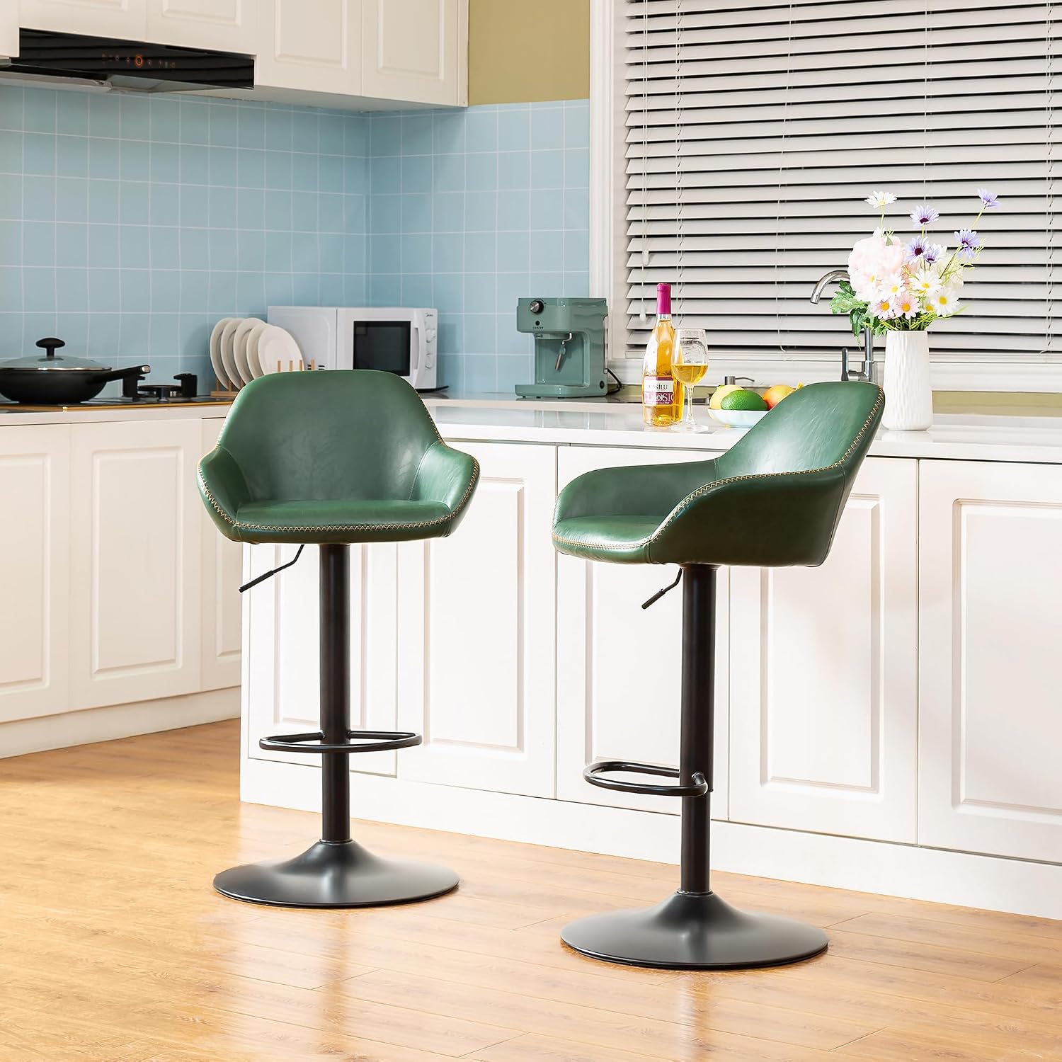 Glitzhome Bar Table and Chairs Set, Round Black Steel Pub Table with Soild Elm Wood Top and Bar Height Adjustable Swivel PU Leather Bar Stool for Breakfast Nook Living Room Small Space Restaurant