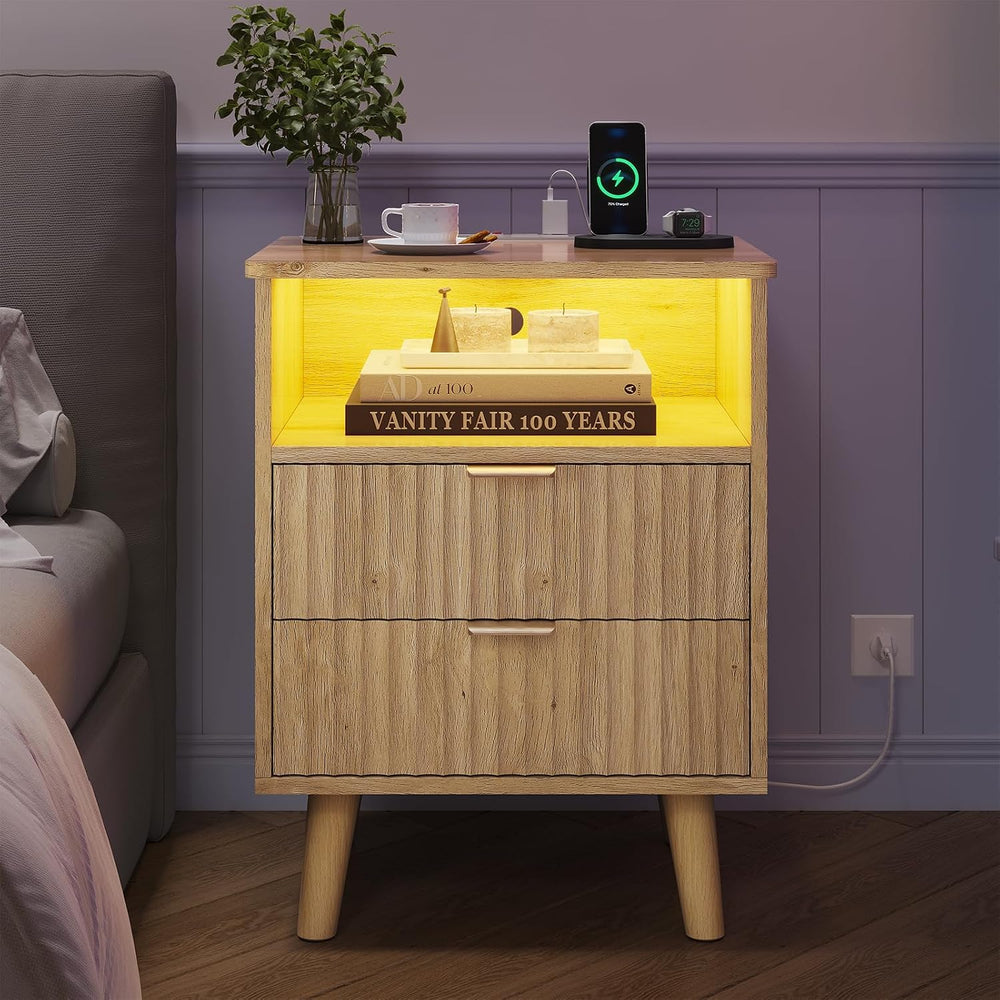 VIAGDO Fluted Nightstand with Charging Station and LED Lights, Modern Night S...