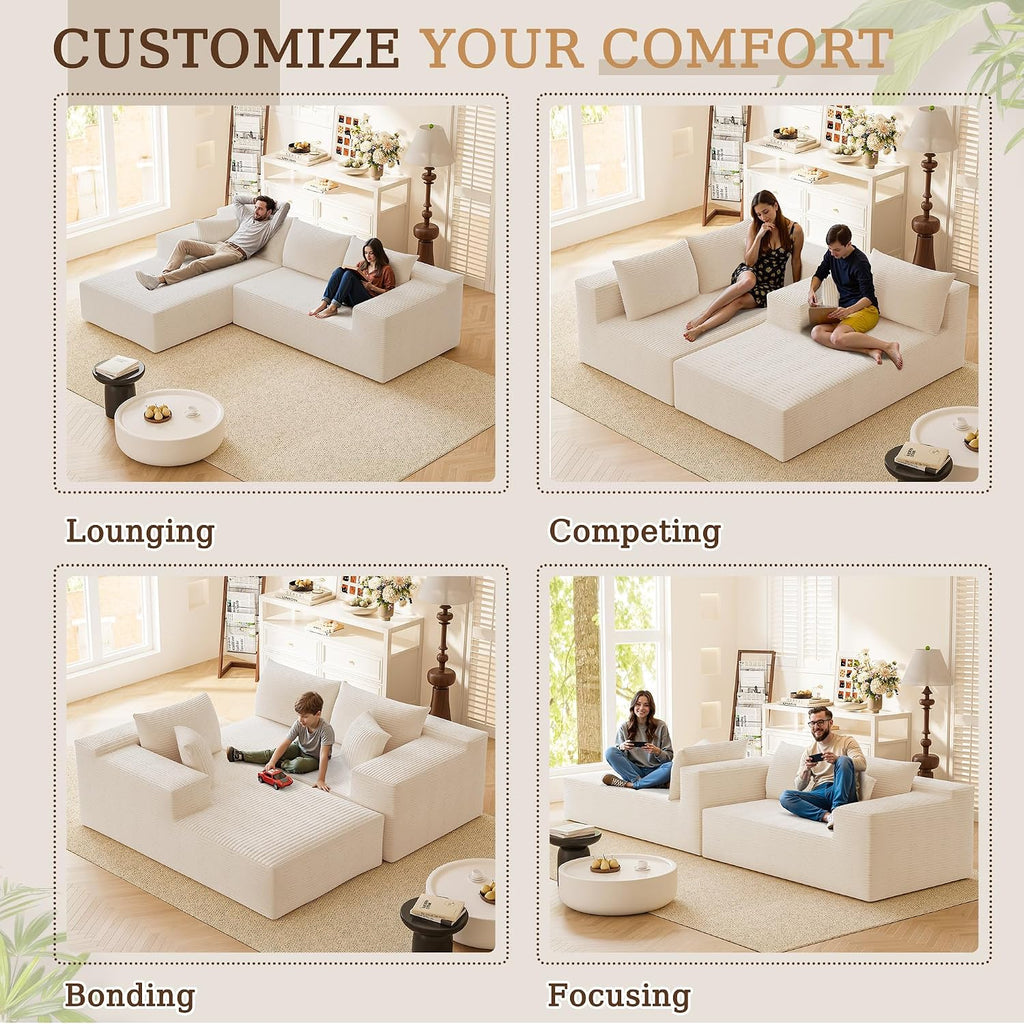 YESHOMY Boneless Couches for Living Room, 108" Sectional Modular Sectional Sofa with Deep Seat, Cloud Comfy Couch with L-Shape Chaise, Easy Assembly (Corduroy, Cream)