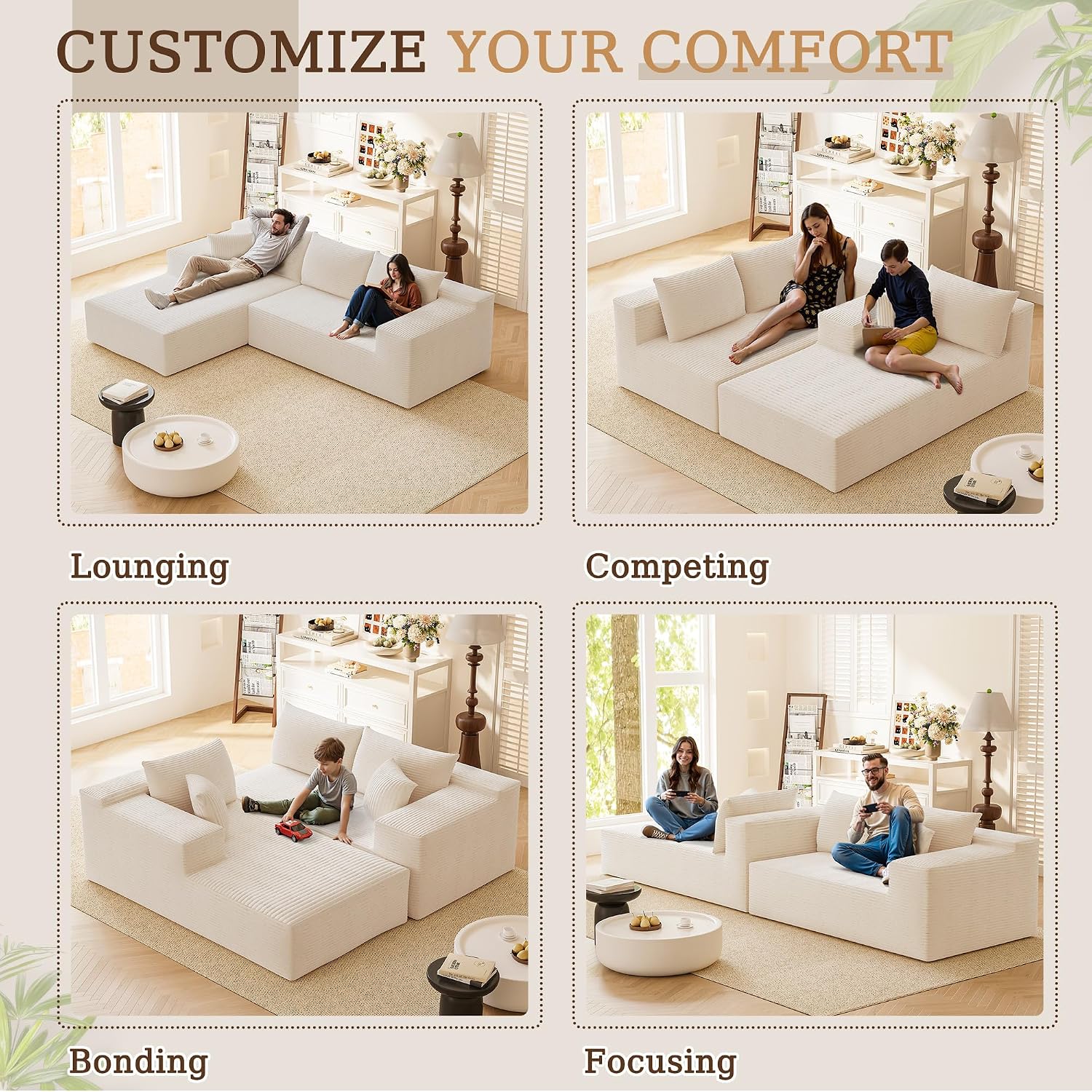 YESHOMY Boneless Couches for Living Room, 108" Sectional Modular Sectional Sofa with Deep Seat, Cloud Comfy Couch with L-Shape Chaise, Easy Assembly (Corduroy, Cream)