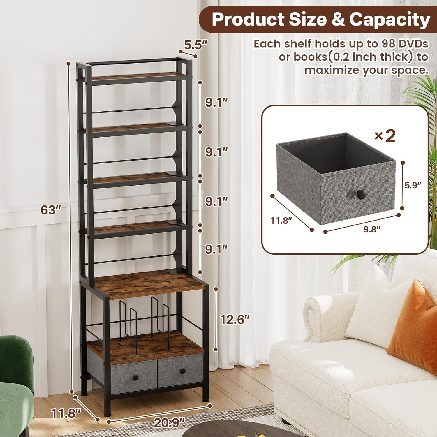 DVD Storage Vinyl Record Storage Rack, 6-Tier CD Rack Tower with Drawers for CDs, DVDs, Albums, Books & Games, Vinyl Record Holder & DVD Shelf Organizer for Living Room & Home Office, 20.8x11.8x63Inch