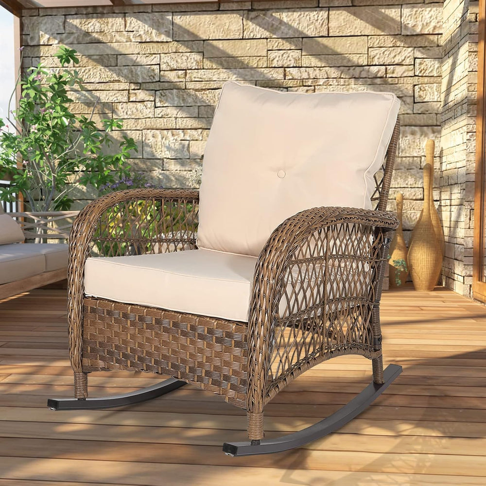 Outdoor Wicker Rocking Chair with Thickened Cushions, All-Weather Rattan Pati...