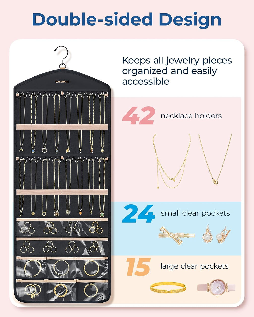 BAGSMART Hanging Jewelry Organizer with Hanger Metal Hooks Double-Sided Jewelry Holder for Organizing Earrings Necklaces Rings Perfect for in Hanging Closet, Wall, Door, 1 Piece, Large, Black