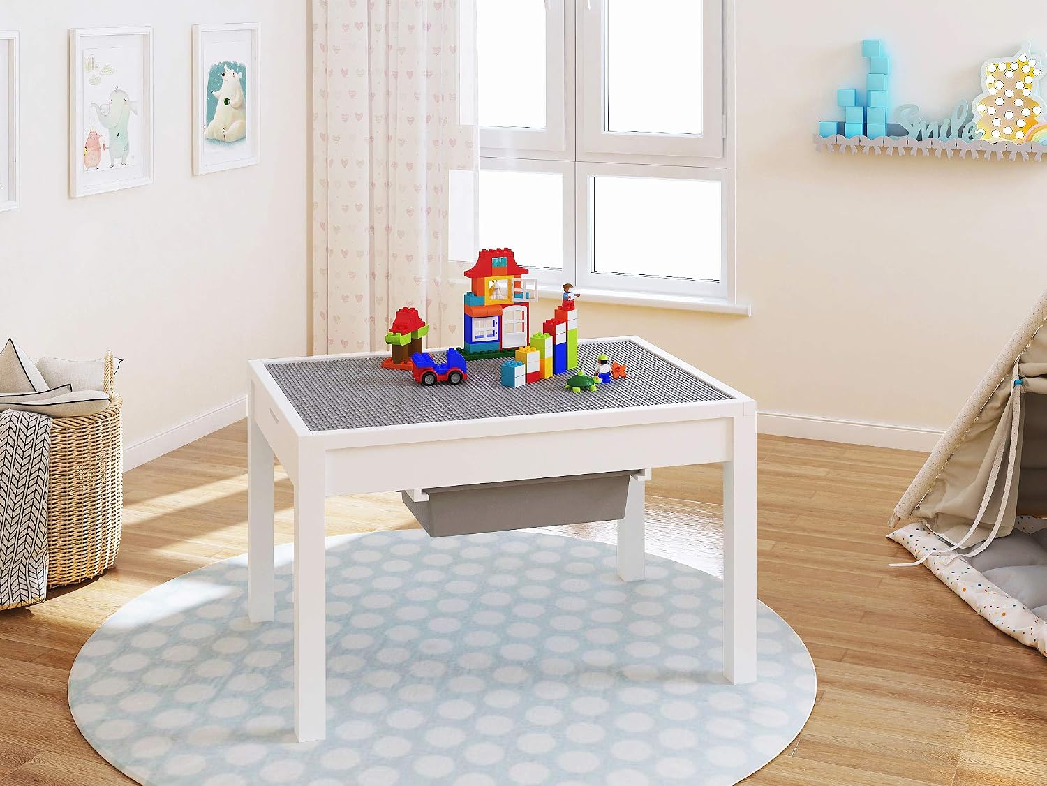 UTEX Large 2 in 1 Kids Construction Play Table with Drawers Built-In Baseplate