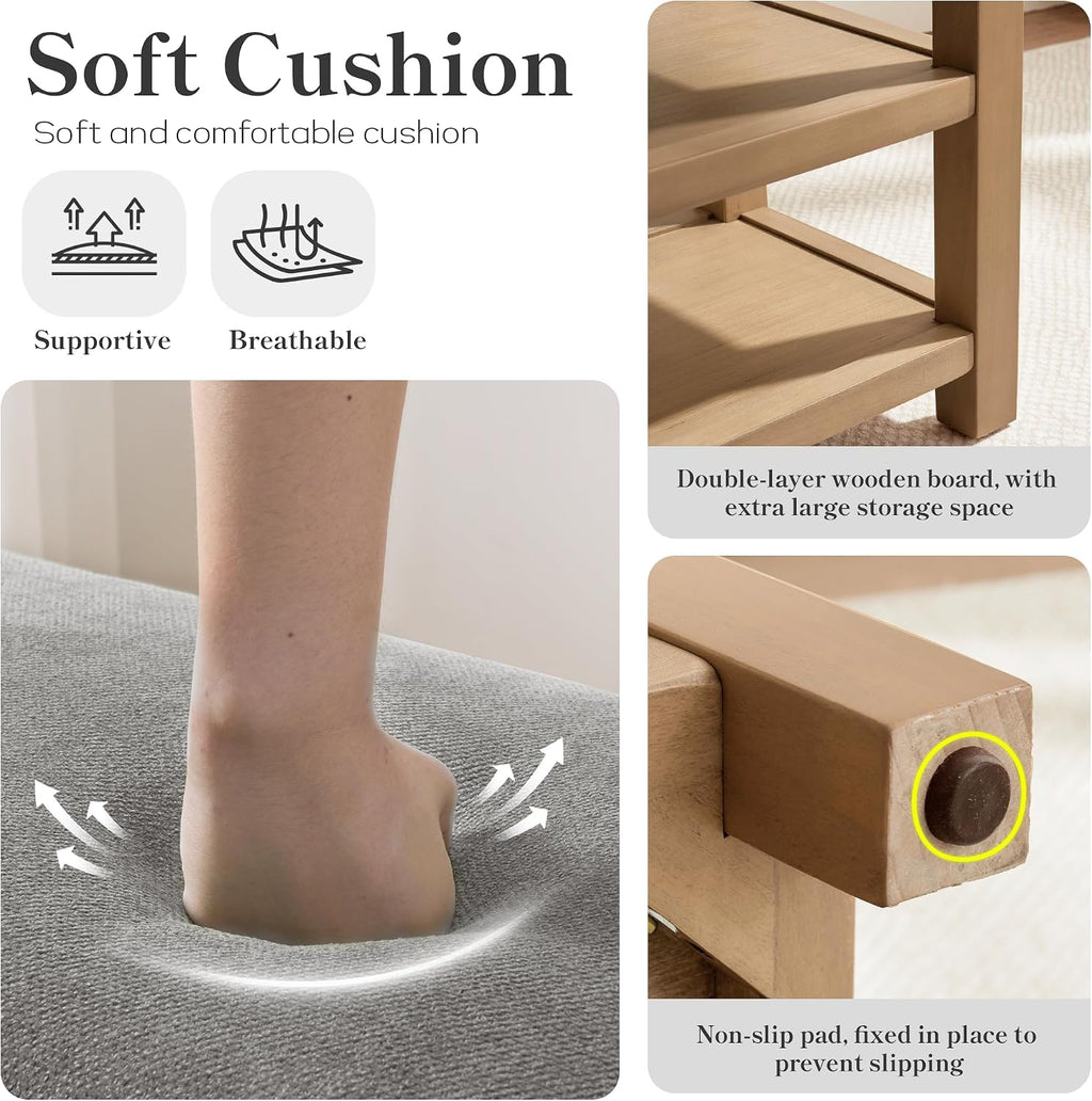 Zihanhome Shoe Rack Bench with Cushion, 2 Tier Solid Wood Storage Bench, Mid-Century Modern Shoe Bench for Entryway, Hallway, Closet, Front Door Entrance, Foyer (Grey, 31.5")