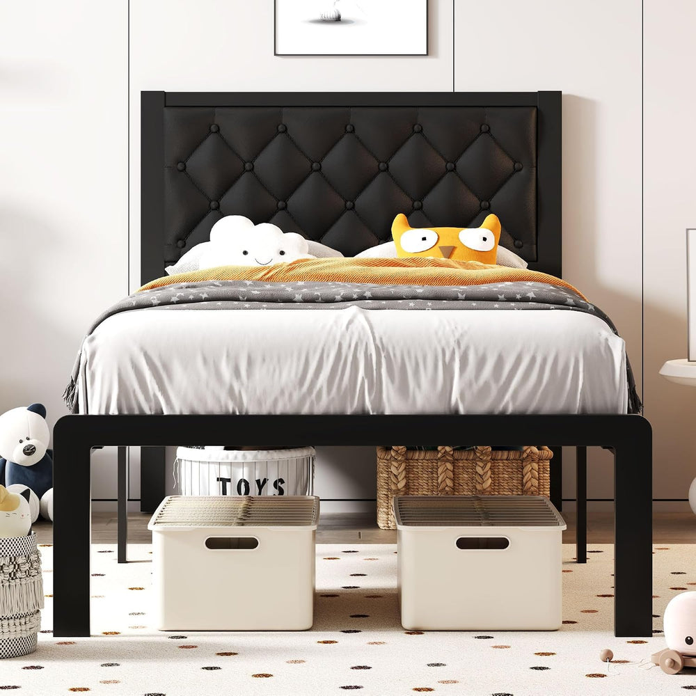 Fluest Twin Bed Frame with Headboard PU Leather Upholstered Bed Frame Platfor...