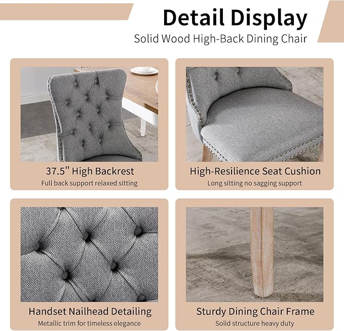 Modern Dining Chairs Set of 6, Tufted Upholstered Dining Chairs with Solid Wood Legs, Grey Linen Fabric Kitchen Chair, Sillas de Comedor, Comfy Kitchen Chair (Gray, Linen, 6Pcs)