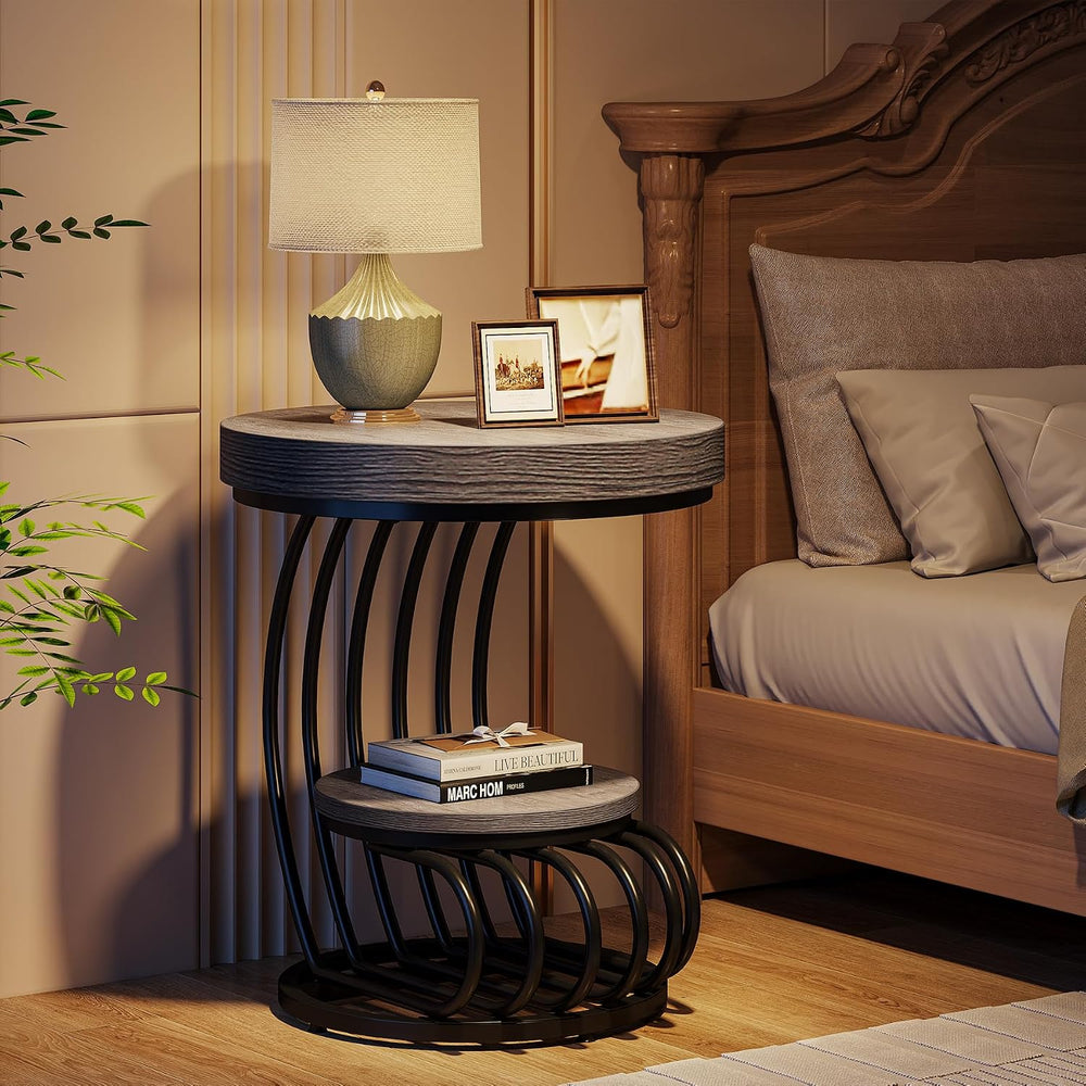 Tribesigns Round End Table, 2-Tier Farmhose Wood Side Table with Shelf Storag...