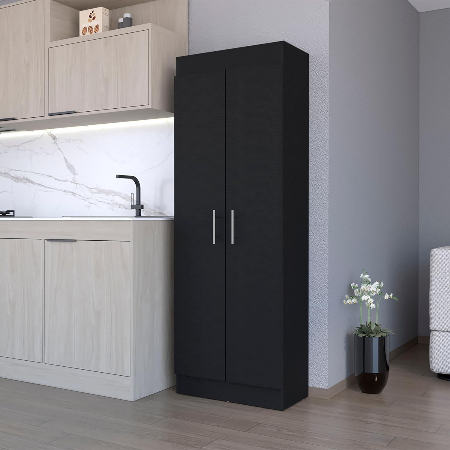 23.6" D*11.9" W*66.8" H Freestanding Kitchen Pantry with 4 Shelves, Double Door, Rectangular Wood Storage Cabinet, Traditional, for Living Room, Dining Room, Black