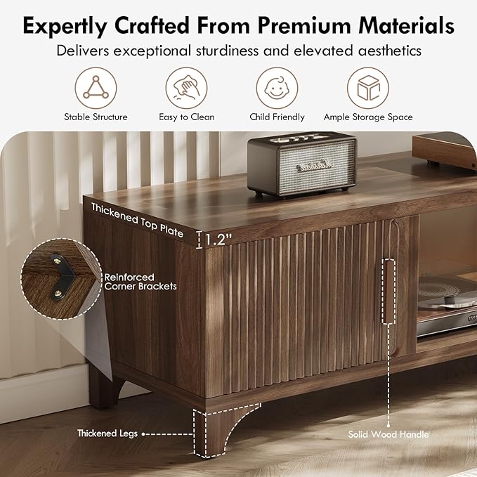 Mid Century Modern TV Stands for 55/60/65 Inch TV Boho Media Console for Living Room Fluted TV Entertainment Center with Storage Wood Television Cabinet for Bedroom