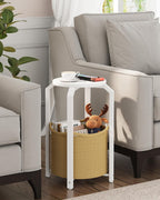 TUTOTAK Round End Table with Woven Storage Basket, White and Beige Small Side Table for Living Room, Bedroom, TB01BWN092