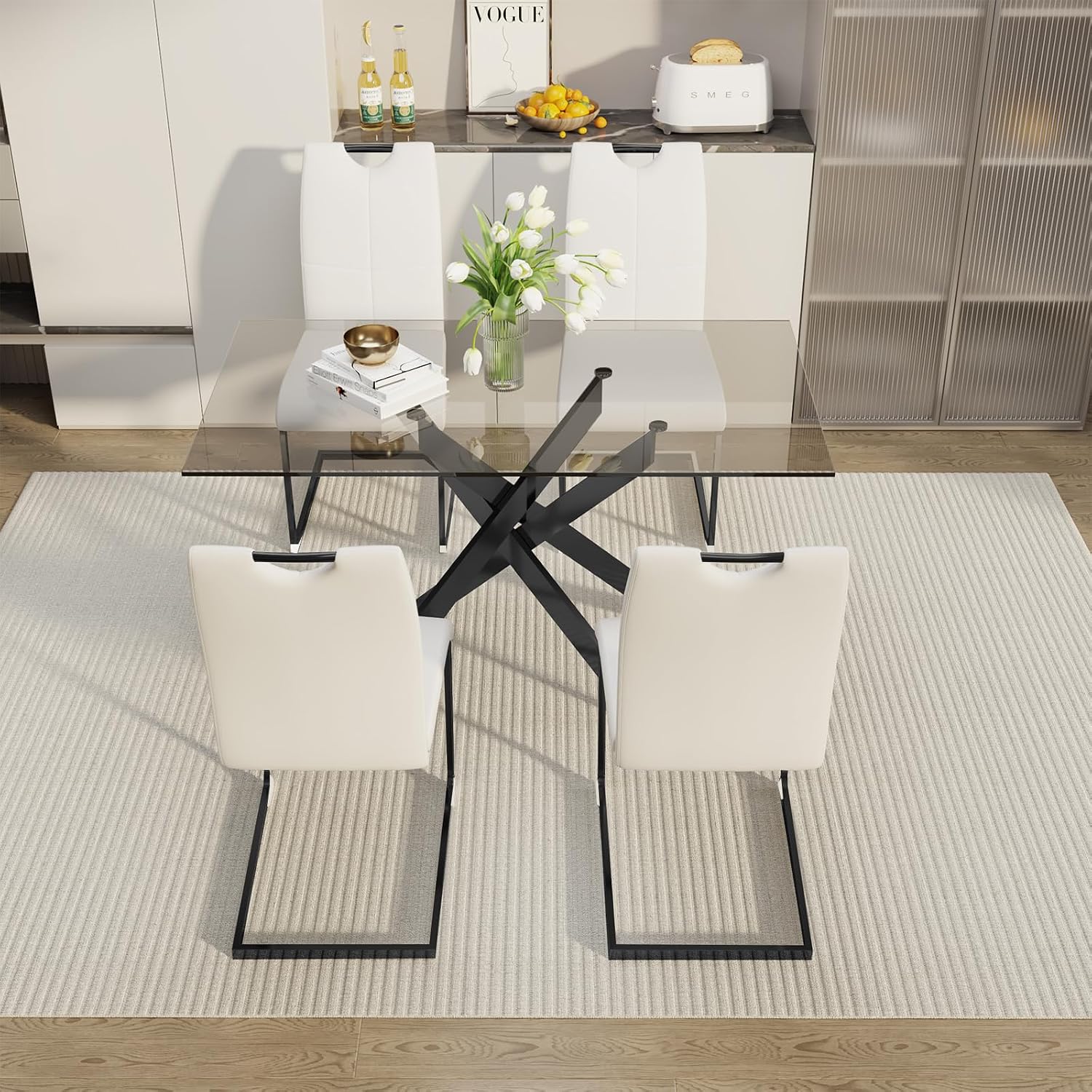 51.18" W Glass Dining Table Set for 4, Modern Rectangular Glass Kitchen Table with Black Metal Legs, 4 PU Leather Chairs with Black Legs, for Dining Room, Home -White