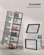 SONGMICS Shoe Boxes, Pack of 12 Shoe Storage Organizers, Stackable Clear Plastic Boxes for Closet, Sneakers, 13.1 x 9.1 x 5.6 Inches, Transparent and Black ULSP006B12