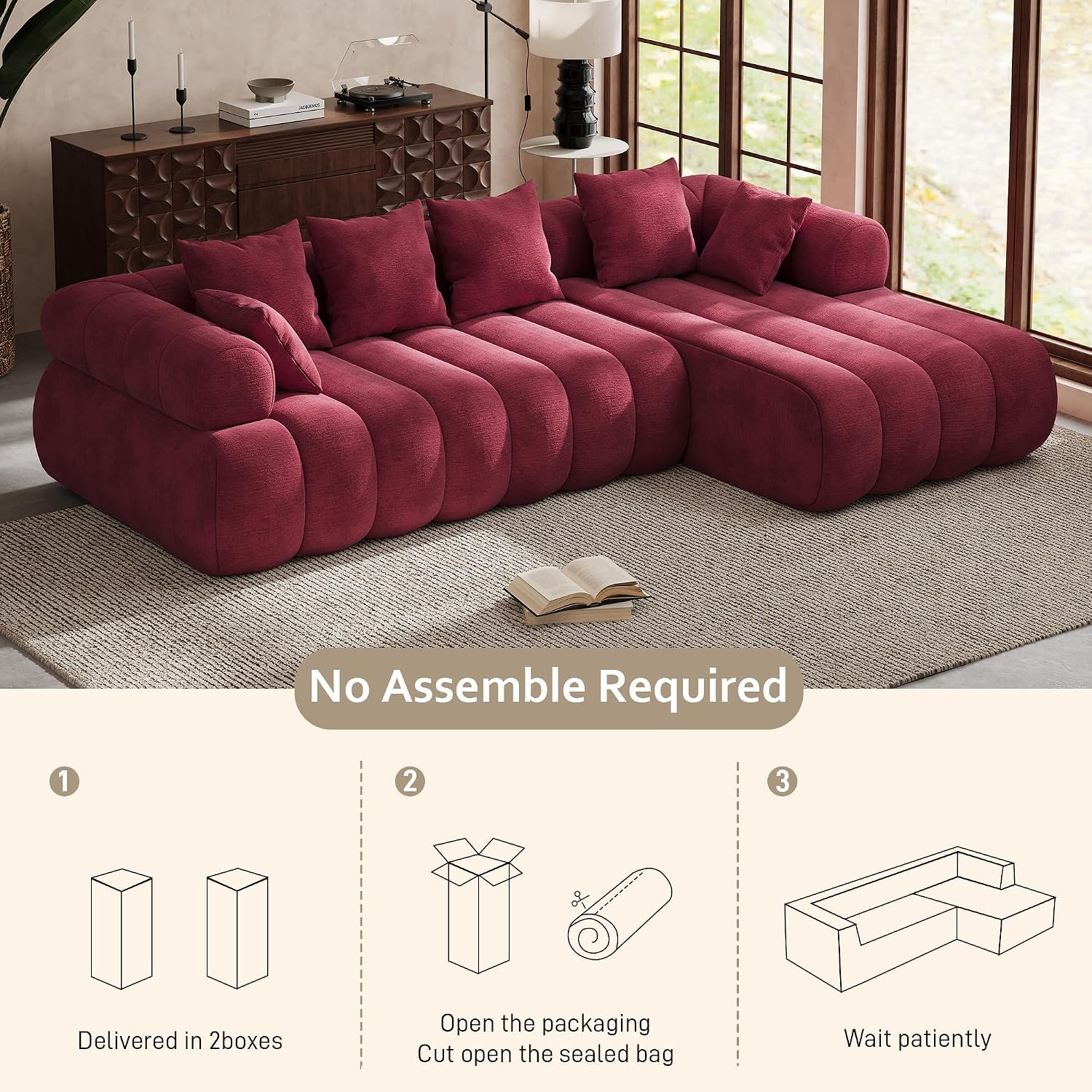 111" Modern Boneless Couch, Chenille Modular Cloud Couch for Living Room, Deep Seat Sectional Sofa with Chaise Lounge, No Assembly Required, Red
