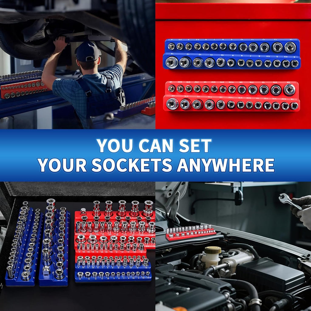 8PS Magnetic Wrench and Socket Organizer Set, Tool Trays 1/4", 3/8", 1/2" Tool Box Organizer, Metric Holder(Socket, Wrench not Included)