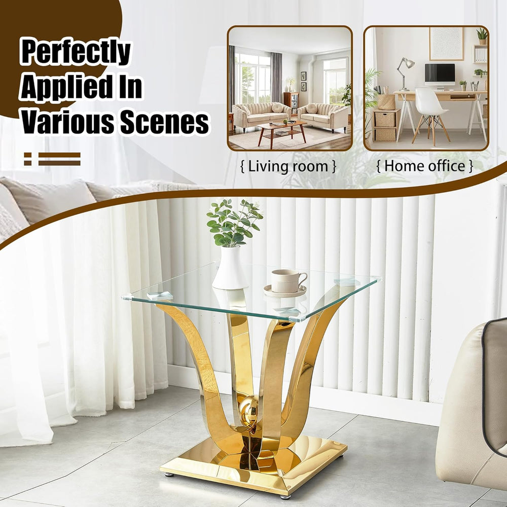 New Gold Glass Side Table, Luxury End Table with Mirror Finish Stainless Stee...