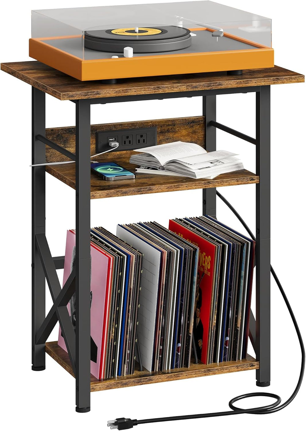 CHOEZON Record Player Stand with Power Outlet, Vinyl Record Storage Side Tabl...