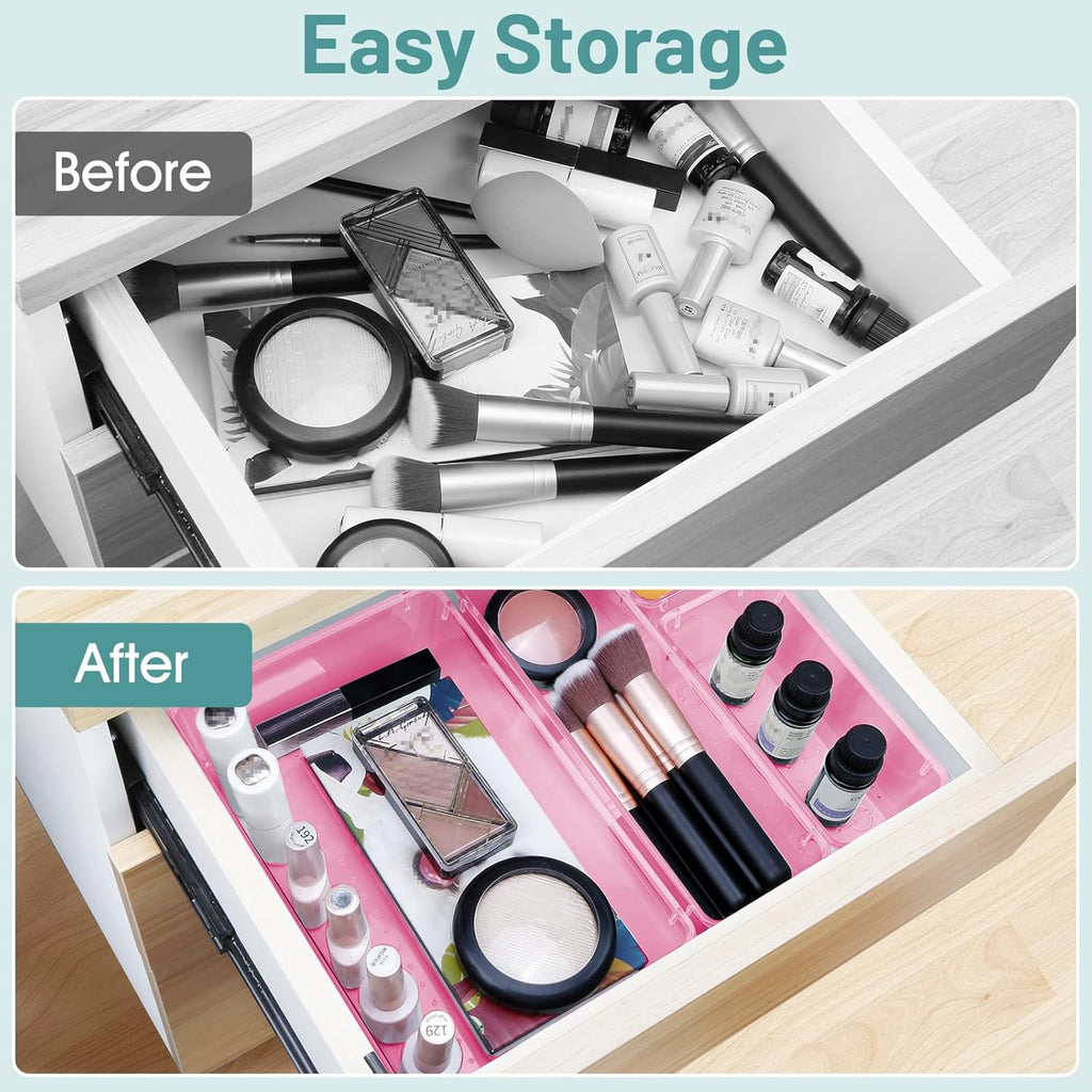WOWBOX 25 PCS Plastic Drawer Organizer Set, 4 Sizes Desk Drawer Divider Organizers and Storage Bins for Makeup, Jewelry, Gadgets for Kitchen, Bedroom, Bathroom, Office, Clear Pink