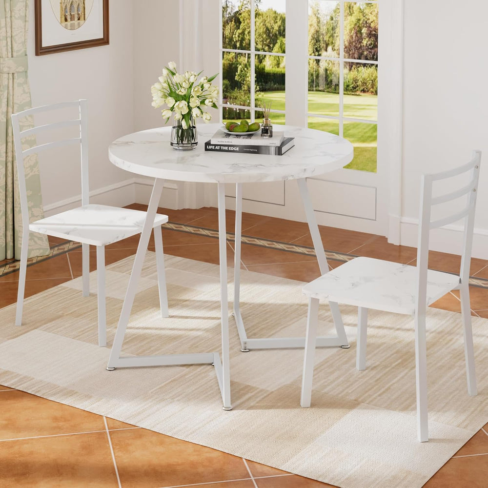 VECELO Small Round Dining Table Set for 2, Wood Tabletop with Strong Metal Fr...