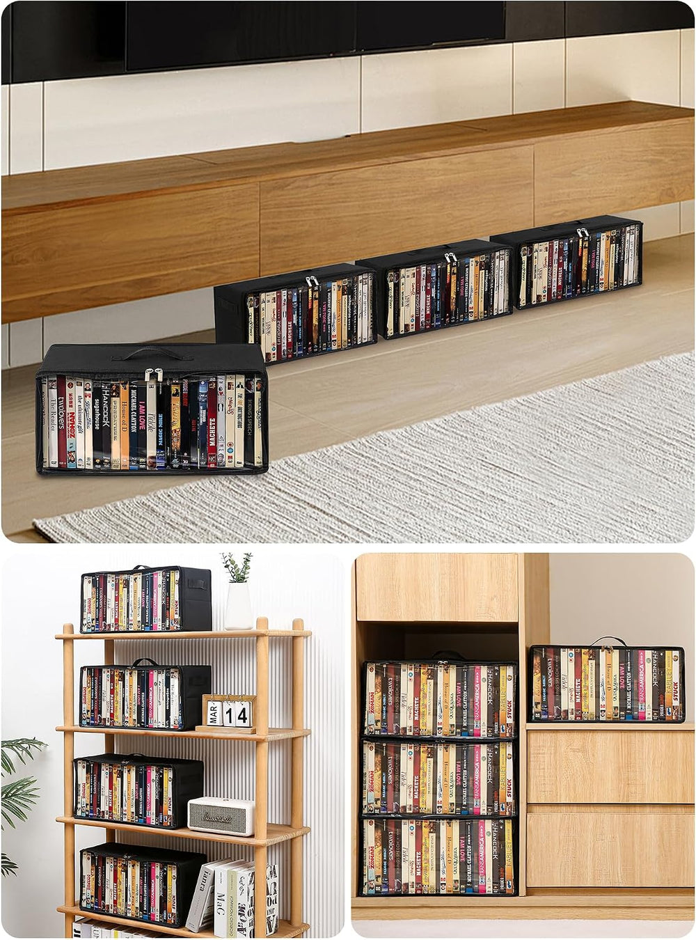 4-Pack DVD Storage Box, Stackable DVD Case Holder Organizer with Front Zipper...