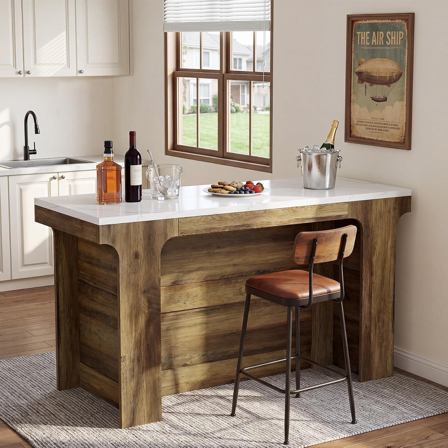 Tribesigns 59'' Kitchen Island, Modern Island Table with Faux Marble Top | Rectangular Coffee Bar Unit for Living Room, Kitchen, Bistro, Coffee Shop, Easy Assembly, White & Brown