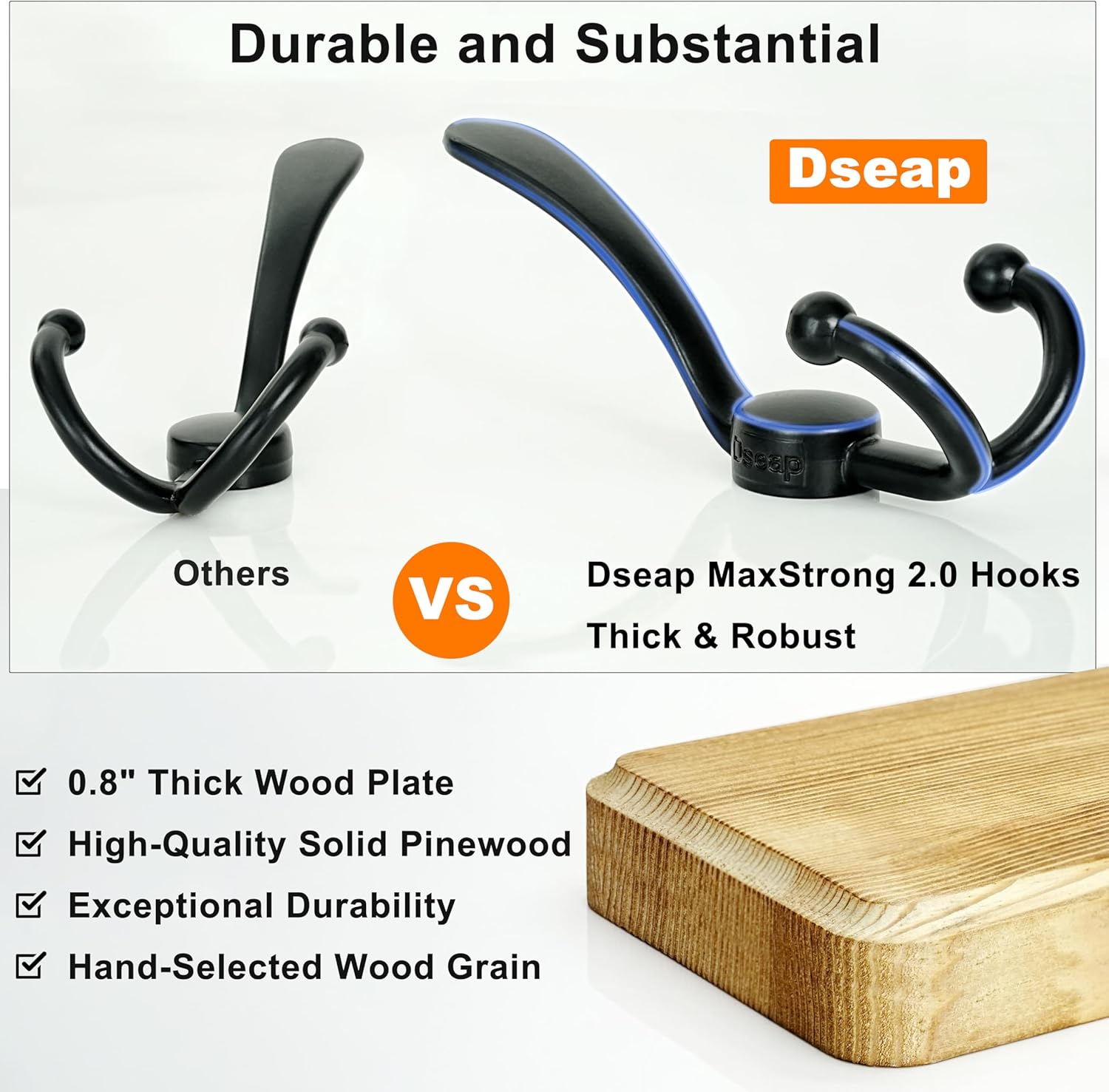 Dseap Coat Rack Wall Mounted - 5 Tri Hooks, Heavy Duty, Wooden Wall Coat Hanger Coat Hook for Clothes Hat Jacket Clothing, Natural & Black