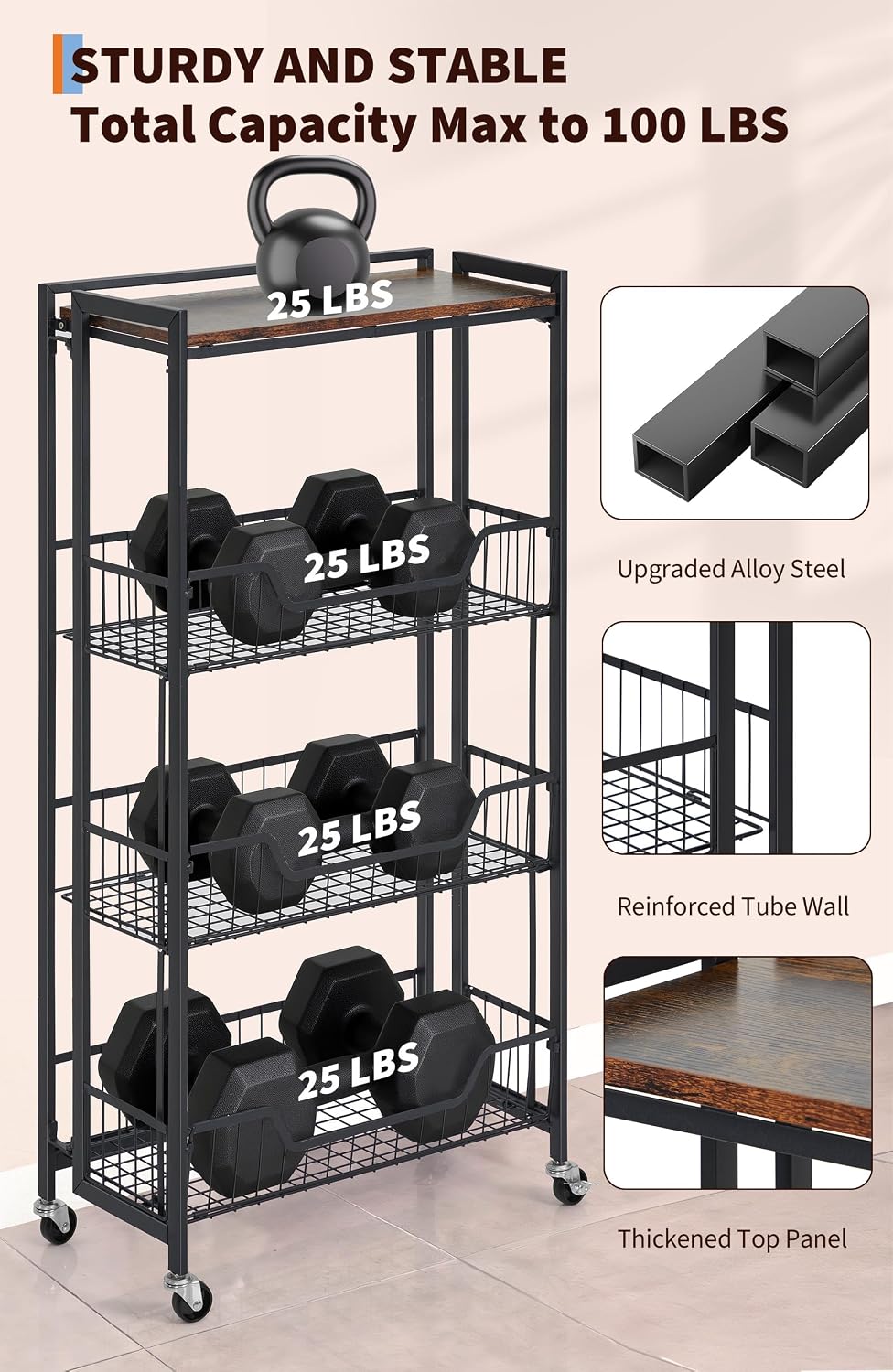 Garvee Large 4-Tier Foldable Storage Cart with Lockable Caster - 100Lbs Loadi...