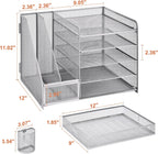 Marbrasse Desk Organizer with File Holder, 5-Tier Paper Letter Tray Organizer with Drawer and 2 Pen Holder, Mesh Desktop Organizer and Storage with Magazine Holder for Office Supplies (Silver)