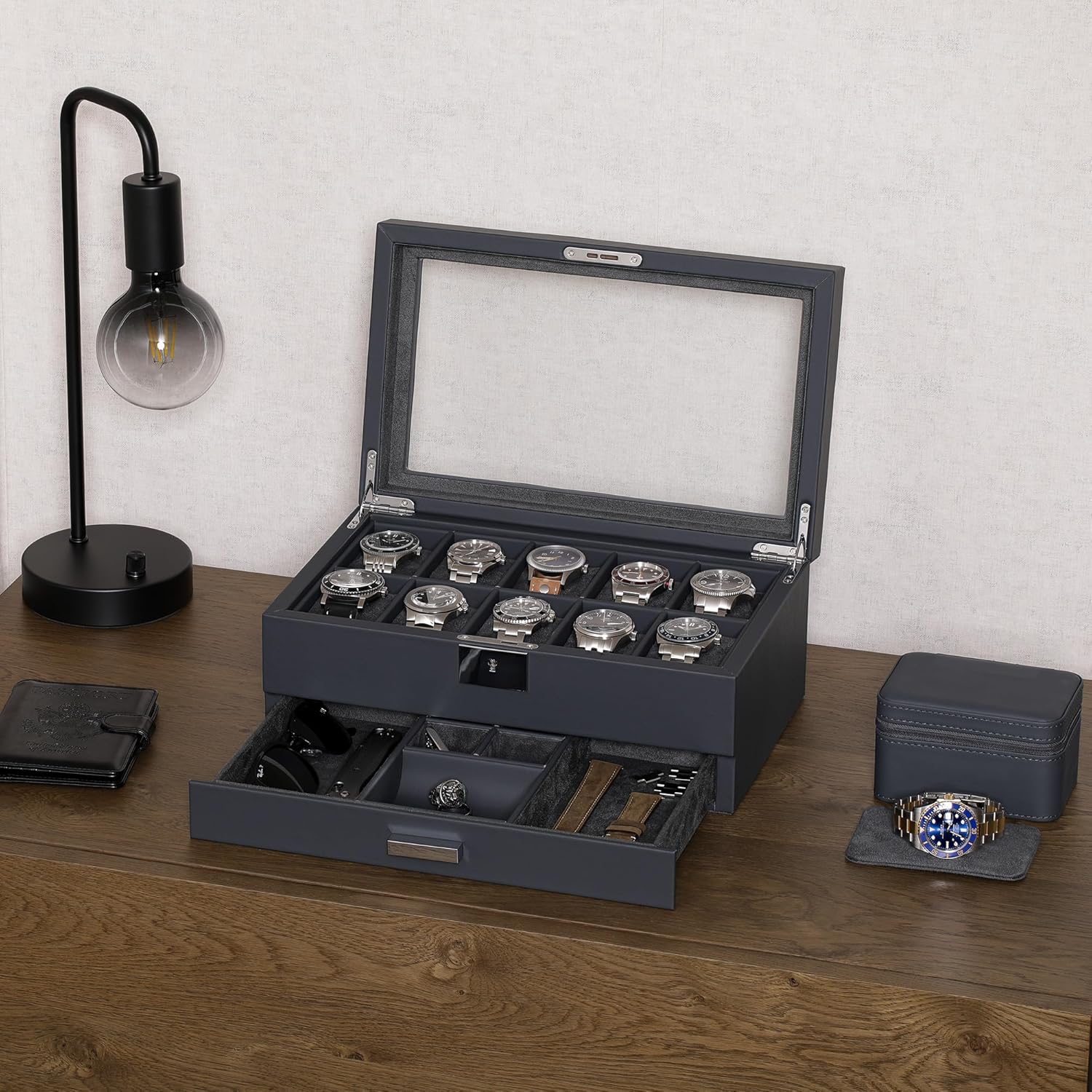 ROTHWELL 10-Slot Watch Box in Leather with Valet Drawer, Luxury Watch Case Display Organizer with Ultra Soft Microsuede Liner, Jewelry and Sunglass Holder With Large Glass top (Carbon)