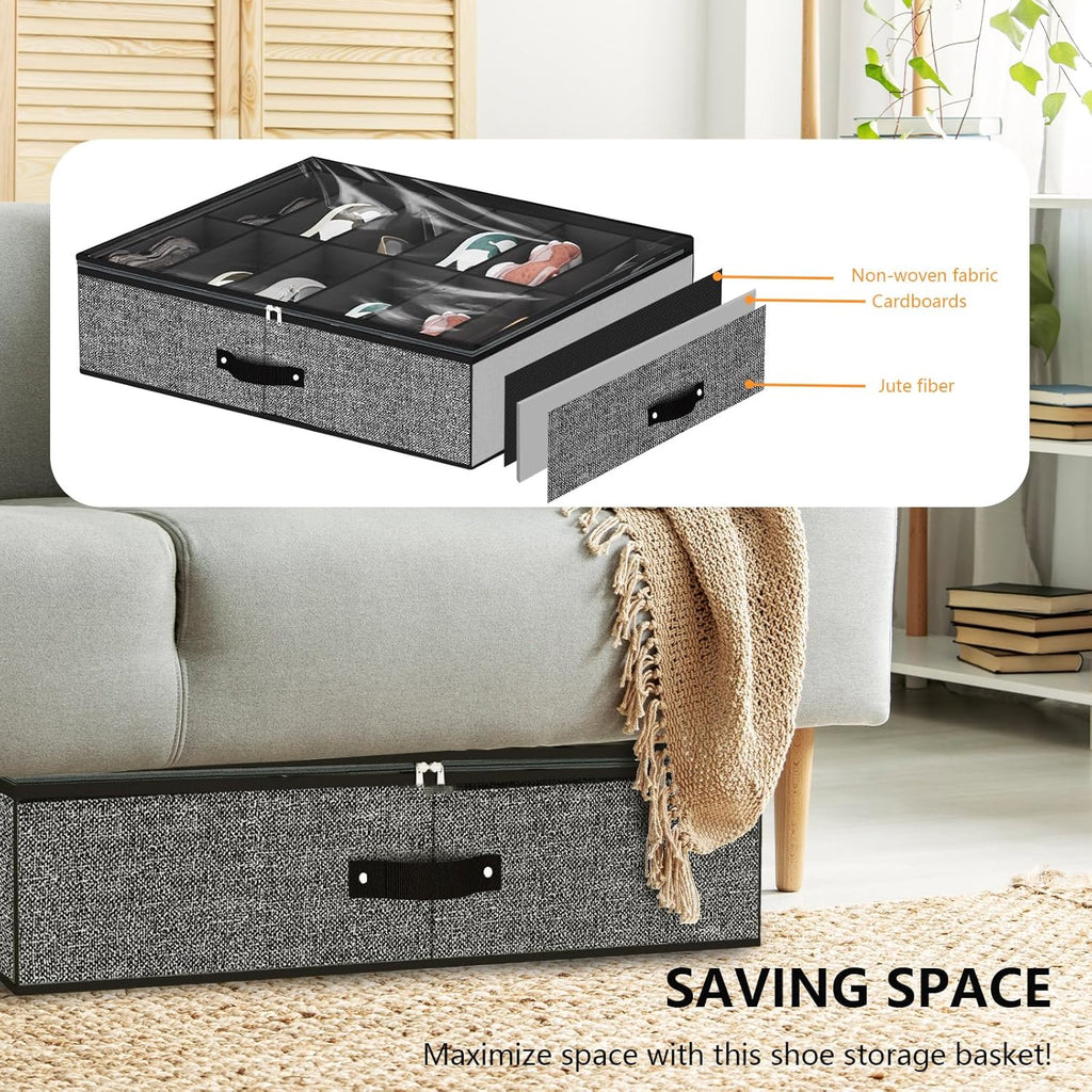 homyfort Under Bed Shoe Storage Organizer for Closet Fits 24 Pairs-Sturdy Underbed Shoe Storage Box Bins,Set of 2 (Linen-like Black)