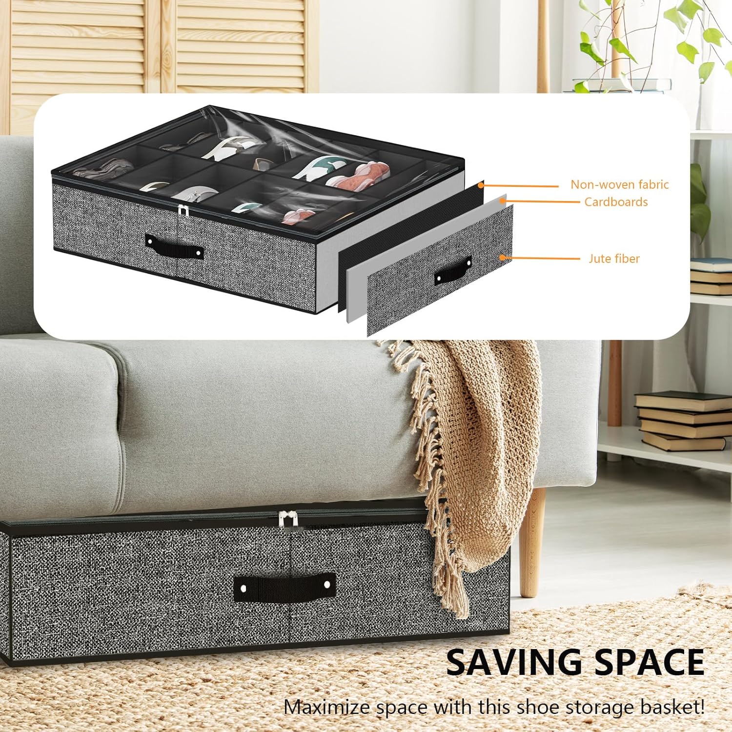 homyfort Under Bed Shoe Storage Organizer for Closet Fits 24 Pairs-Sturdy Underbed Shoe Storage Box Bins,Set of 2 (Linen-like Black)