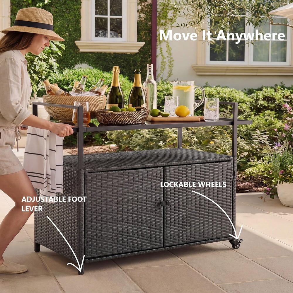 51.2" Wicker Outdoor Bar Cart - Brown Patio Console Storage Table Buffet...