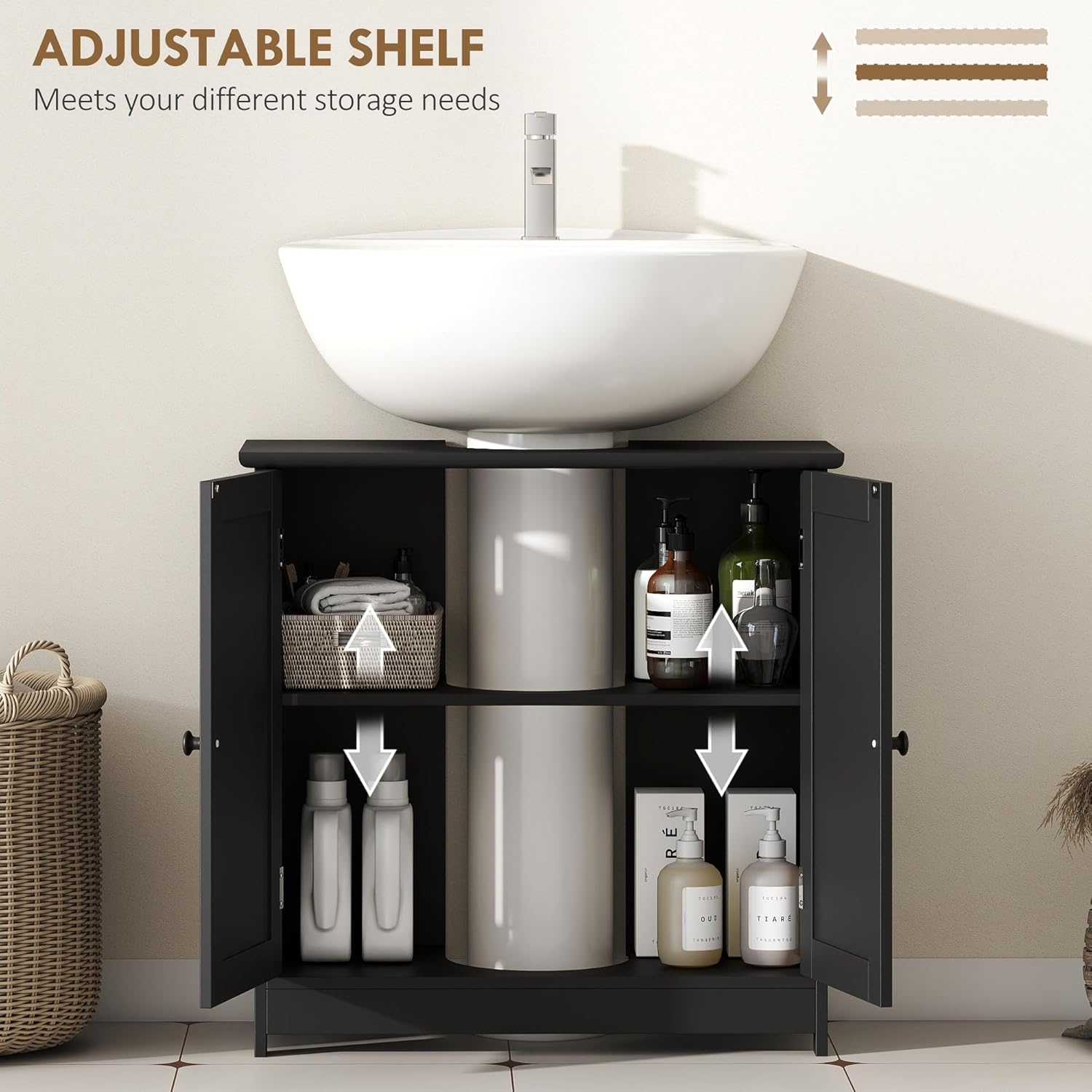 HOMCOM Under Sink Bathroom Cabinet with 2 Doors and Shelf, Pedestal Sink Bathroom Vanity Cabinet, Black