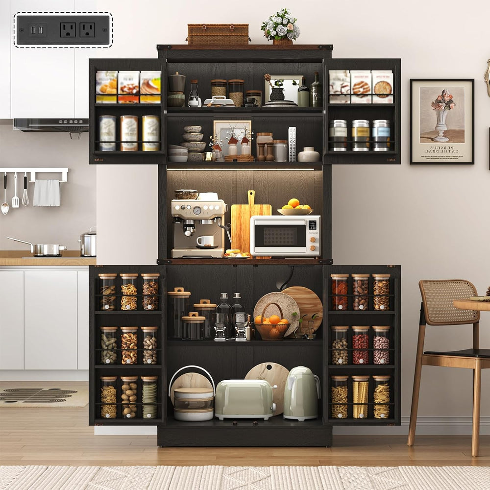 72" Tall Farmhouse Kitchen Pantry Cabinet with LED Light and Power Outle...