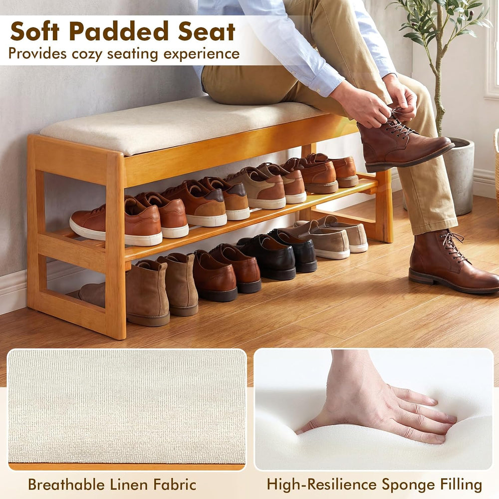Giantex Shoe Rack Bench with Storage, Rubberwood Entryway Bench with Linen Se...