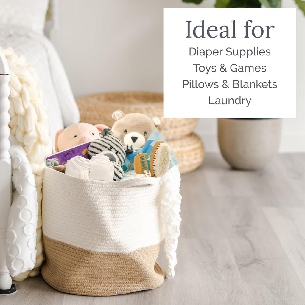 Natemia Large Woven Storage Basket (15" x 15" x 14") - Baby & Toy Organizer, Blanket Basket, Perfect Baby Registry Gift