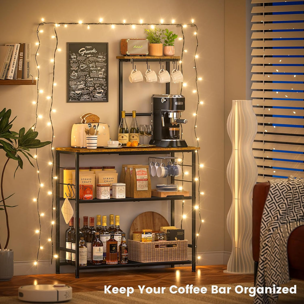 3IngSeagulls Bakers Rack with Storage, Kitchen Microwave Stand with Adjustable shelf and 6 S Hooks, 4-Tier Coffee Station Table, Kitchen Shelves for Spices, Pots, Rustic Brown