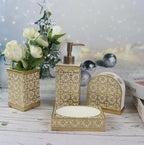 Hymmah Gold Bathroom Accessories Set,Farmhouse Bathroom Decor,4 Pcs Resin Gift Set Apartment Necessities, Contain Cotton Swab Jar,Soap Dispenser,Tumbler，Soap Dish/Tray