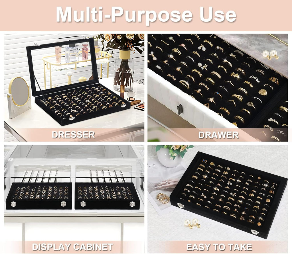 Ring Organizer for Jewelry, Ring Holder Box with Clear Lid, Dustproof Velvet Rings Display Tray Storage Case, 100 Slot Glass Top Jewelry Tray Drawer Insert for Multiple Rings Studs Earring (Black)